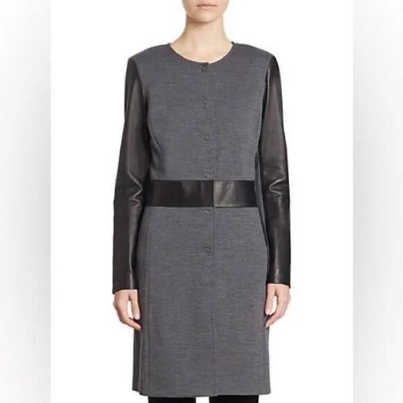 St John Collection Gray Textured Rayon Wool Leather Trim Coat Topper. Size 14 - Picture 2 of 12